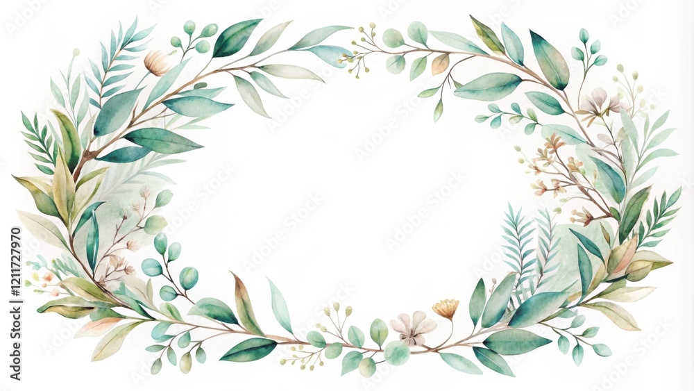 Elegant Watercolor Wreath of Delicate Greenery and Blooming Botanicals, Perfect for Invitations, Announcements, or Decorative Purposes Elegant Watercolor Wreath of Delicate Greenery and Blooming Botanicals, Perfect for Invitations, Announcements, or Decorative Purposes