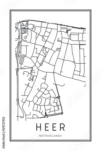 Printable downtown road map poster of the Dutch city of HEER on solid white background with city name