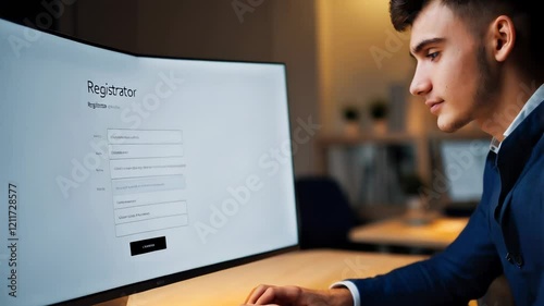 Online Registration: Man Filling Out a Form on a Computer