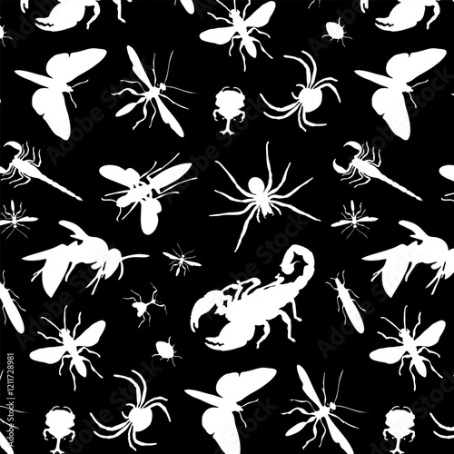 Pattern with silhouettes of insects.Vector black background with a pattern of white silhouettes of insects.