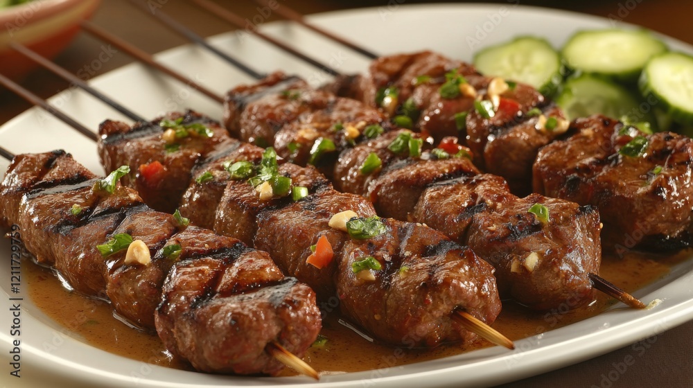 A visually appealing plate of grilled satay skewers with peanut sauce and cucumber relish, showcasing the rich flavors and vibrant colors of Thai street food A visually appealing plate of grilled satay skewers with peanut sauce and cucumber relish, showcasing the rich flavors and vibrant colors of Thai street food