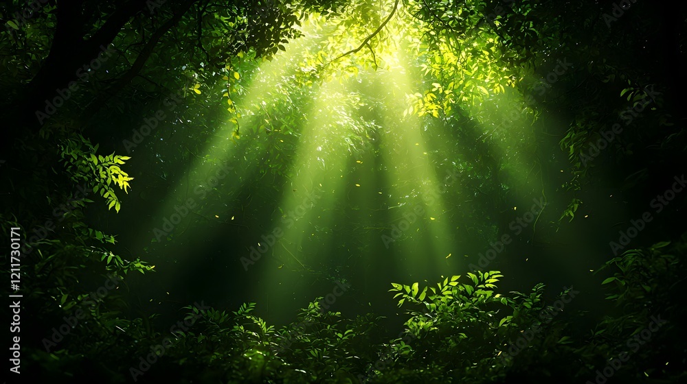 Ethereal Sunlight Streaming Through Dense Forest Canopy Greenery Ethereal Sunlight Streaming Through Dense Forest Canopy Greenery