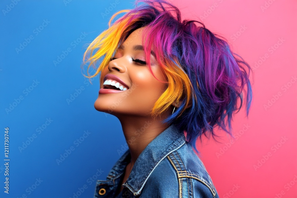 Naklejka premium Commercial ad conceptual art. Lovely happy black girl - for ads, media and web use. Short coiffure - multicolored hair. Fashion concept shoot. Stylish black trends. African american beauty.