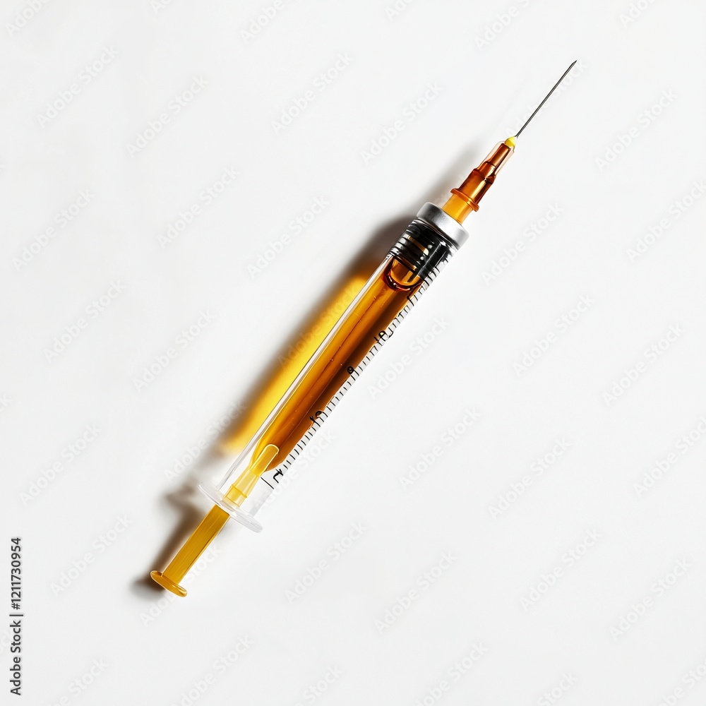 Fototapeta premium Amber Liquid in Medical Syringe Disposable Injection Device Healthcare