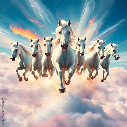 A majestic group of seven pure white horses running on clouds in the sky