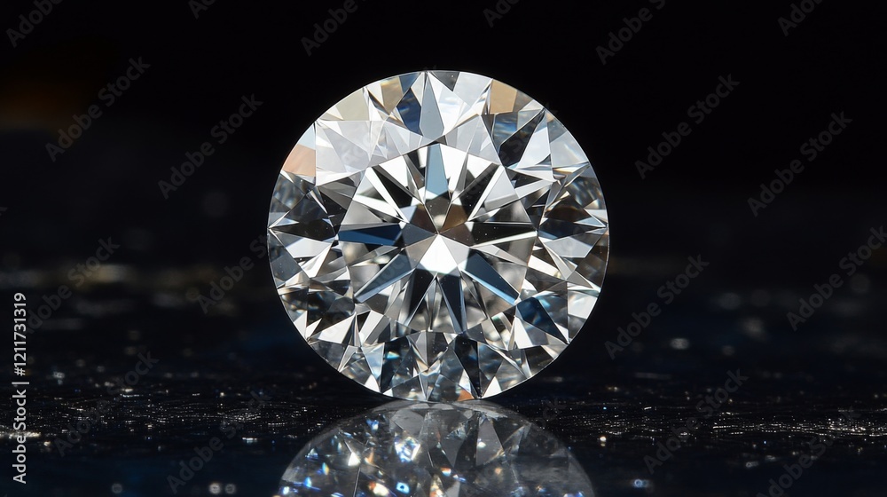 Close-up of a single diamond with intricate facets glistening in bright light, set against a dark background to emphasize its brilliance Close-up of a single diamond with intricate facets glistening in bright light, set against a dark background to emphasize its brilliance