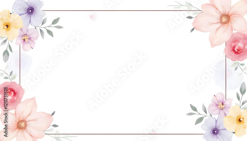 A seamless watercolor floral border with a variety of vibrant flowers and subtle greenery, designed to frame text or images on a white background