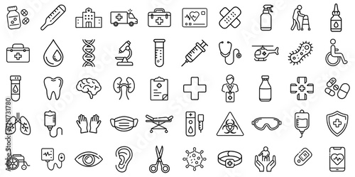 Collection of various medical icons on transparent background, concept of medicine