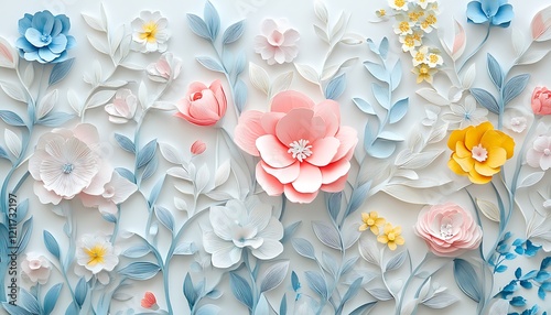 3D Paper-Cut Style Colorful Pastel Floral Pattern with Elegant Design for Soft and Artistic Decor