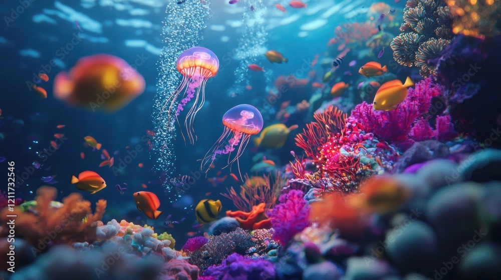 Naklejka premium Vibrant Underwater Paradise: Jellies and Coral Reef