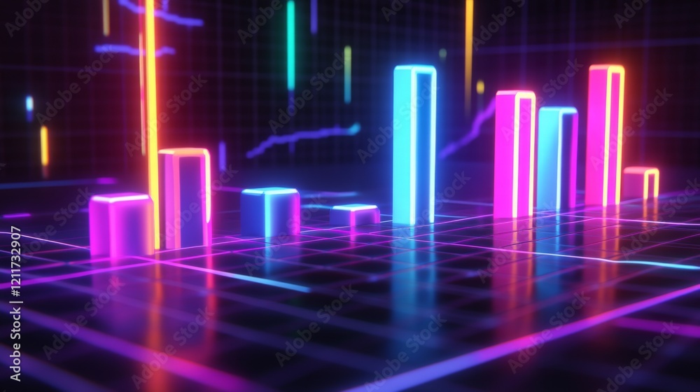 Dark-themed D bar chart with neon-colored bars and a digital grid base, capturing a futuristic data visualization aesthetic Dark-themed D bar chart with neon-colored bars and a digital grid base, capturing a futuristic data visualization aesthetic