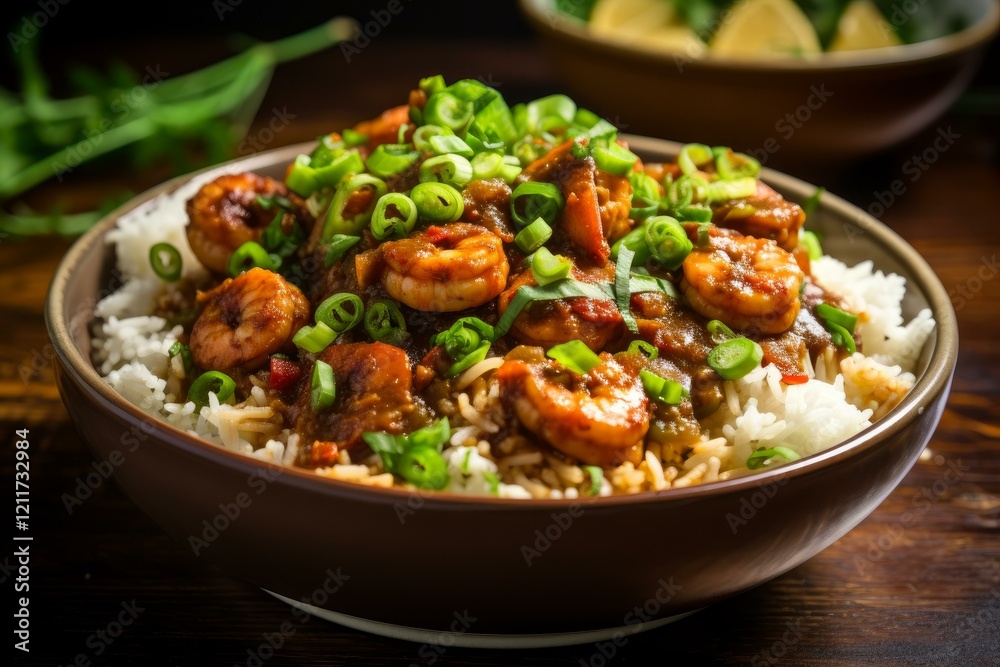 Steaming bowl of spicy shrimp gumbo served over white rice and garnished with chopped green onions Steaming bowl of spicy shrimp gumbo served over white rice and garnished with chopped green onions