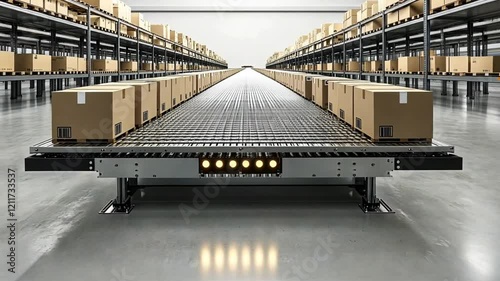 Automated conveyor belt in a large industrial warehouse showing factory production and logistics. photo