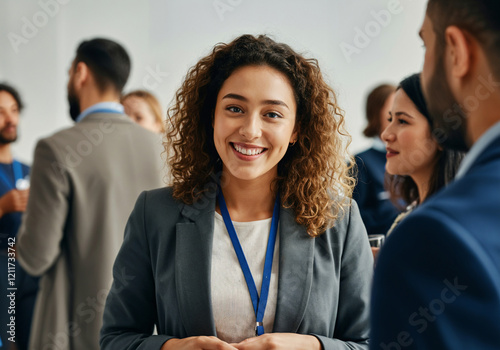Smiling curly woman at networking event for business and conference banner design
