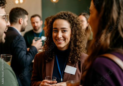 Smiling curly woman at networking event for business and conference banner design