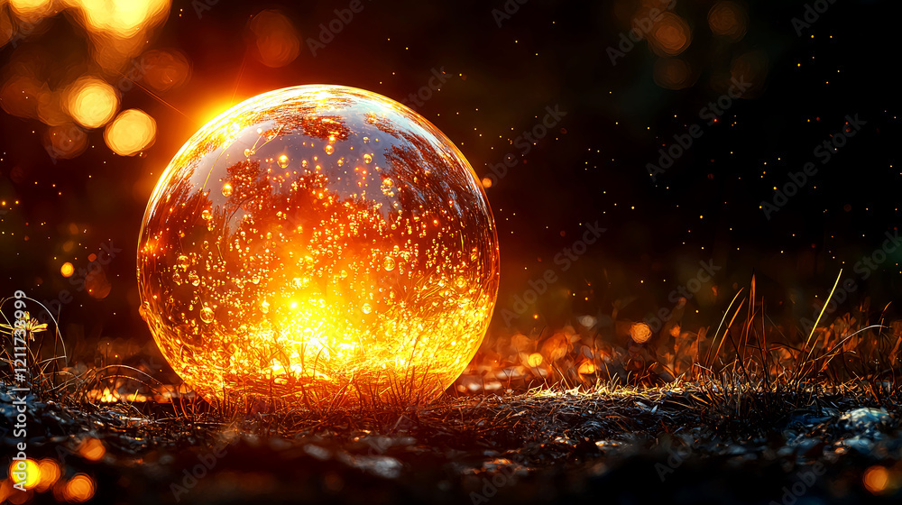 Fiery Glass Orb in Nature: A Magical Sunset Scene Fiery Glass Orb in Nature: A Magical Sunset Scene