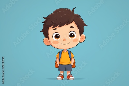 cartoon boy with backpack and backpack standing in front of blue background