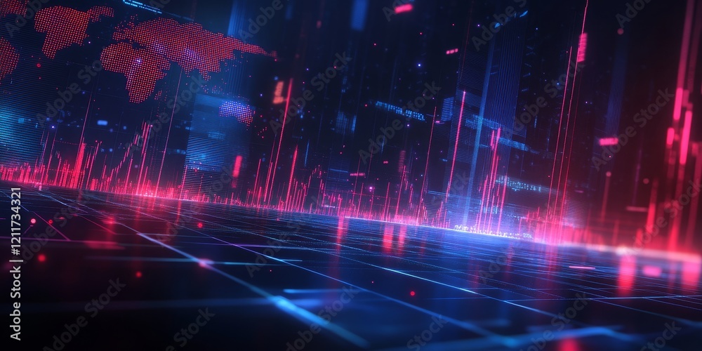 Obraz premium Futuristic digital world map with glowing lines and data streams.