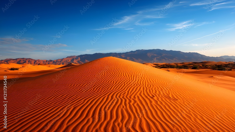 Vast Orange Sand Dunes Under Clear Blue Sky in Desert Landscape Vast Orange Sand Dunes Under Clear Blue Sky in Desert Landscape