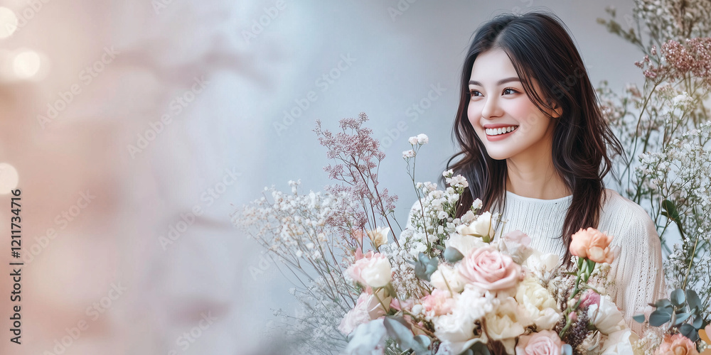 An elegant and modern Mother’s Day background in pastel colors with flowers in the foreground and a photo of a woman smiling and holding cut flowers. An elegant and modern Mother’s Day background in pastel colors with flowers in the foreground and a photo of a woman smiling and holding cut flowers.