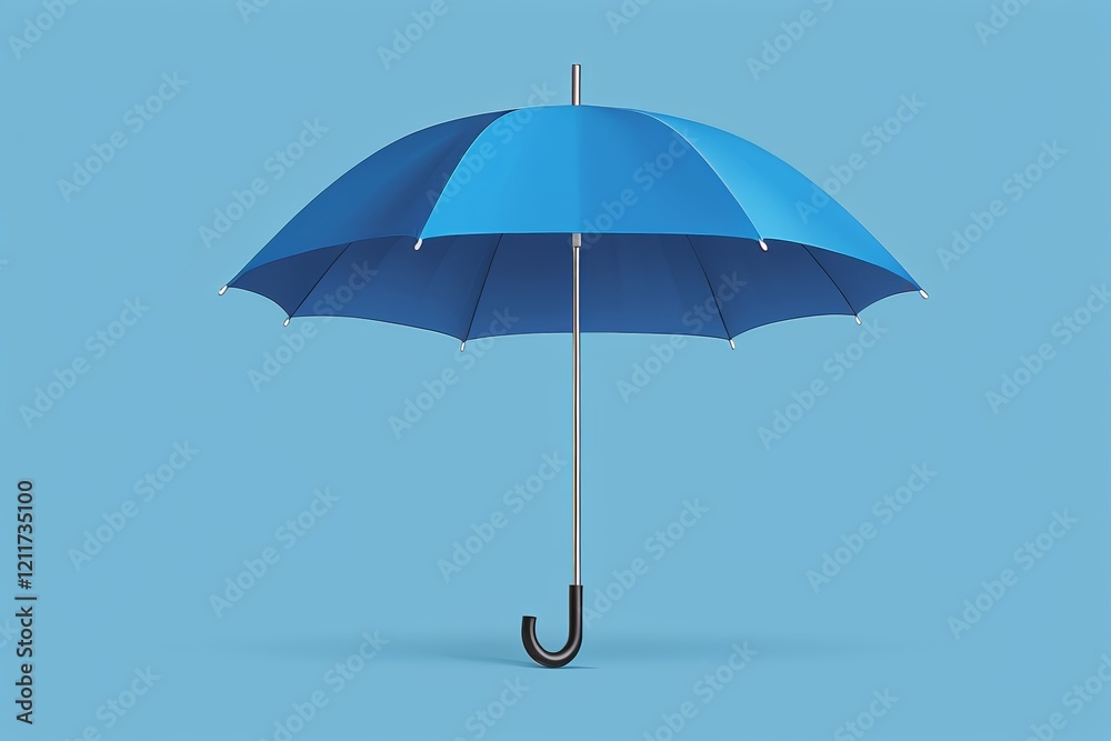 there is a blue umbrella with a black handle on a blue background