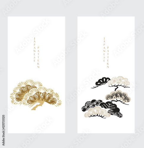 Japanese background with Asian traditional icon vector. Black and white bonsai tree or pine tree elements. Natural art with brown background in vintage style.