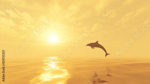 Silhouette of a dolphin jumping during sunset, with warm colors in the sky and golden reflections on the ocean