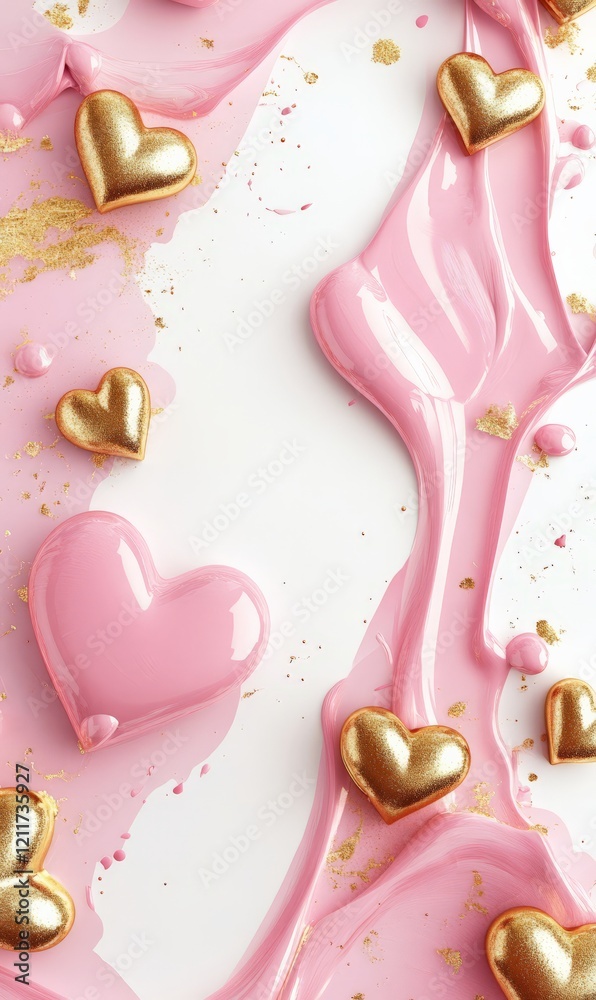 Background with 3d paint splashes in pink color and golden hearts. Valentine's day holiday concept background with copyspace for your text Background with 3d paint splashes in pink color and golden hearts. Valentine's day holiday concept background with copyspace for your text