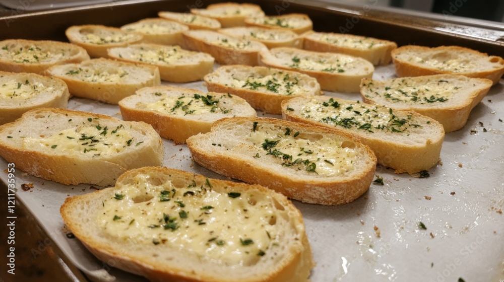 Toasted baguette slices with garlic butter and herbs, arranged on a parchment-lined baking sheet, ready for a warm, savory snack Toasted baguette slices with garlic butter and herbs, arranged on a parchment-lined baking sheet, ready for a warm, savory snack