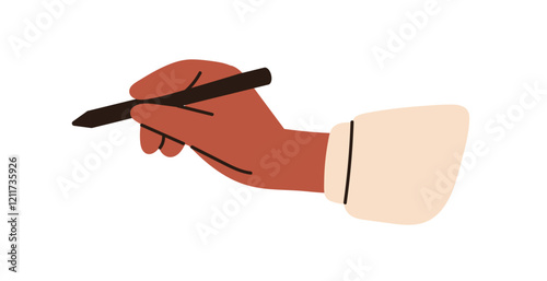 Hand holding pen, writing. Artist sketching, drawing, designing with digital stylus. Arm signing, marking with stationery tool. Flat graphic vector illustration isolated on white background