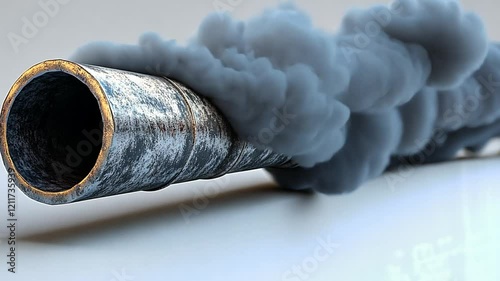 Smoke emerging from rusty industrial pipes symbolizing pollution and environmental impact. photo