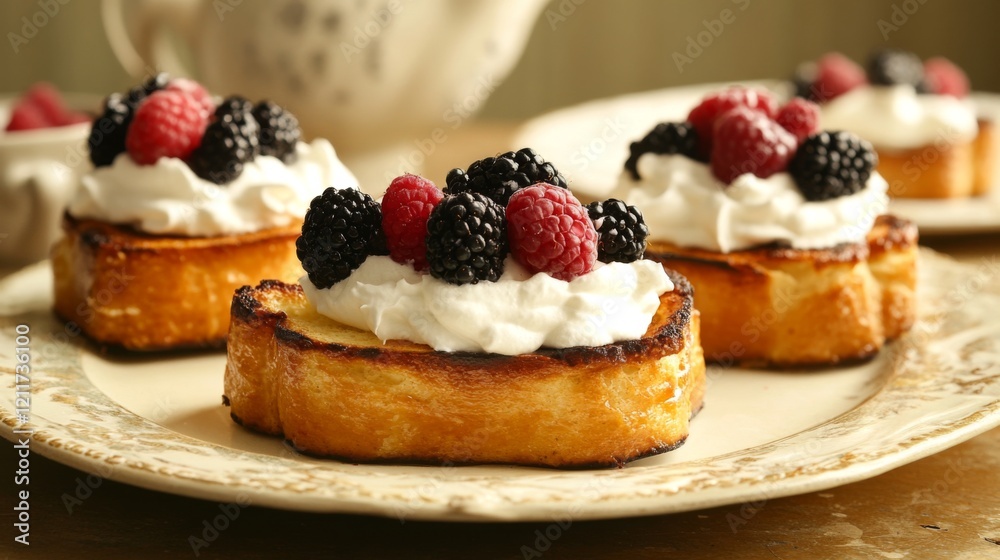 Toasted brioche topped with whipped cream and berries, creating a delightful and inviting brunch setup on a rustic table Toasted brioche topped with whipped cream and berries, creating a delightful and inviting brunch setup on a rustic table
