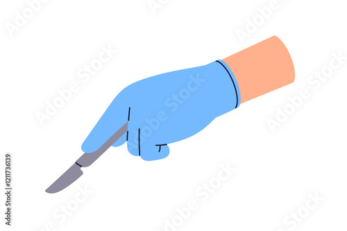 Scalpel in hand. Surgeon holding sharp sterile blade for precise surgical operation. Doctor with medical tool, operating knife for surgery. Flat vector illustration isolated on white background