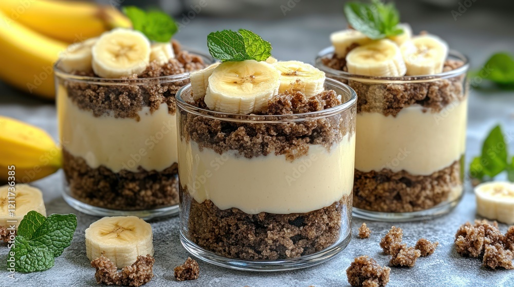 Banana dessert trifles, kitchen counter, mint garnish Banana dessert trifles, kitchen counter, mint garnish