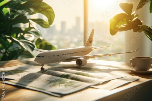 Miniature airplane model placed on a wooden table with newspapers, surrounded by lush green plants, radiating warm sunlight through a window in a modern city setting. photo