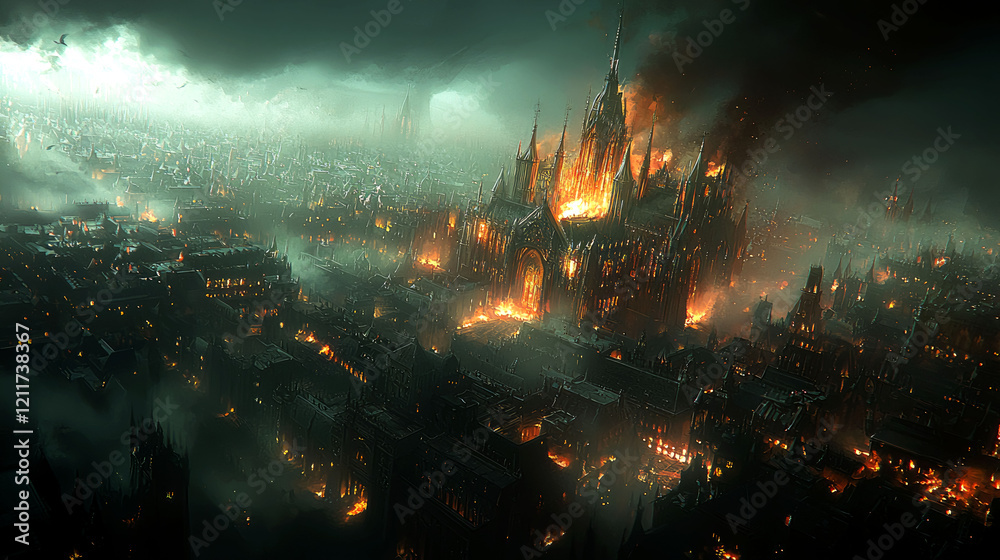 Fototapeta premium Burning Gothic City at Night: A Dark Fantasy Masterpiece