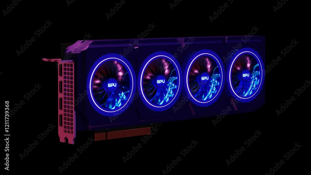 3D model of a huge video card with four working coolers with neon lighting on a black background. 3D render looped animation
