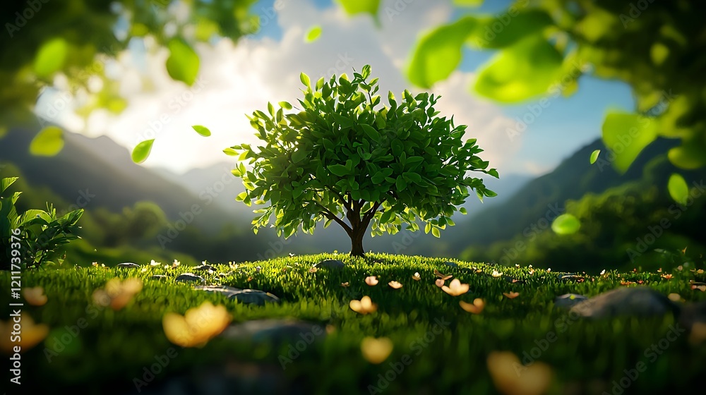 Fototapeta premium Lush Green Tree in Vibrant Landscape Surrounded by Sunlight and Nature