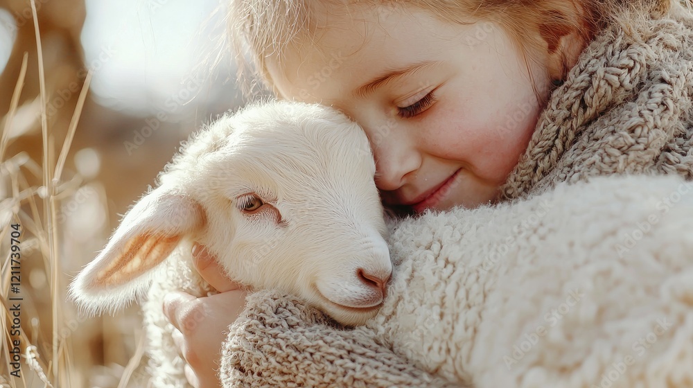 Child cuddling a sweet baby lamb during the Easter spring season. Child cuddling a sweet baby lamb during the Easter spring season.