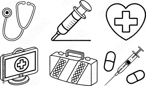 Medical symbols, medical supplies, masks, viruses, vector line illustrations, collection of different shapes