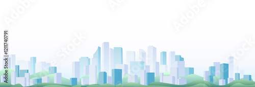 Urban silhouette landscape of modern city. Abstract horizontal banner. Panorama in frat style, header images for web. City buildings of business district. Vector illustration simple geometric