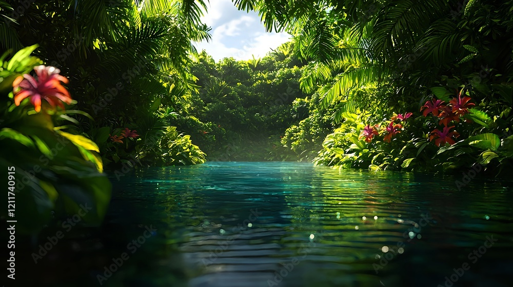 Fototapeta premium Serene Jungle River Surrounded by Lush Greenery and Vibrant Flowers