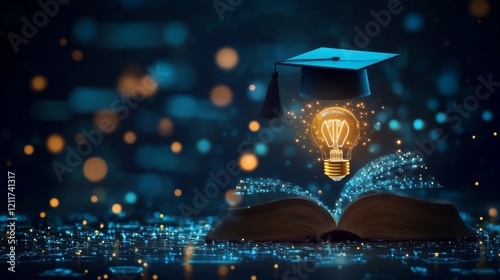 Graduation cap on a digital background. Abstract depiction of an open book with a glowing light bulb. Symbolizing knowledge and education. Online learning or technological innovation. Tech and science