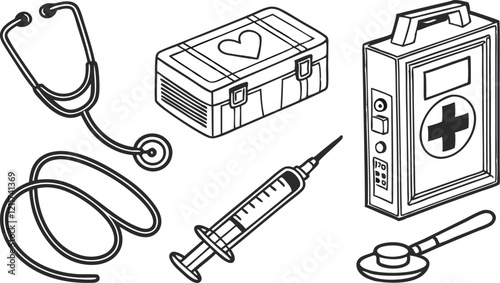 Medical symbols, medical supplies, masks, viruses, vector line illustrations, collection of different shapes