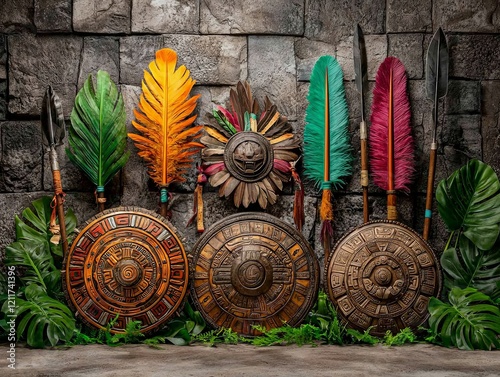 Aztec Warrior Artifacts Featuring Intricately Designed Shields, Spears, and Colorful Feathers Against a Stone Wall Backdrop for Cultural Themes photo