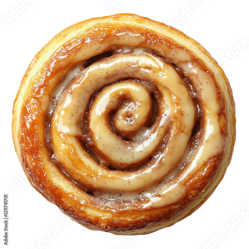 Cinnamon roll or cinnabon, top view, on isolated transparent  background