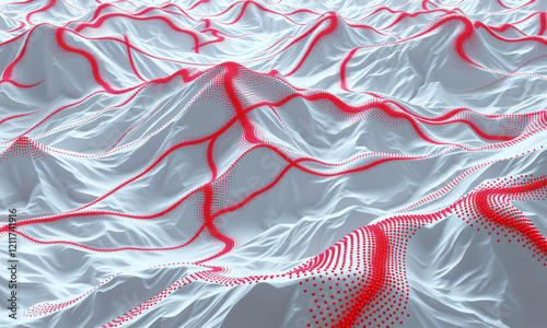 Abstract landscape with white waves and red dotted patterns creating dynamic visual effect. design evokes sense of movement and depth in modern style