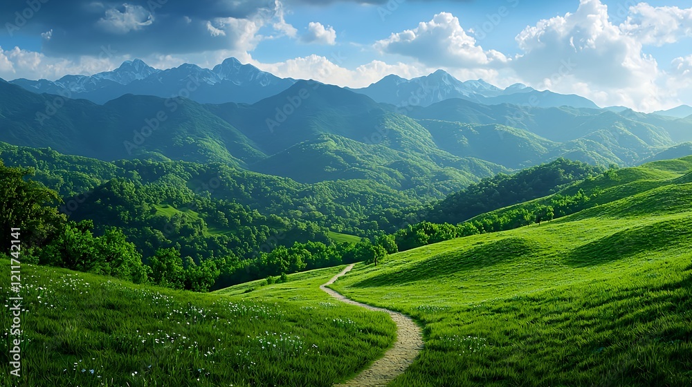 Scenic Landscape of Lush Green Hills and Majestic Mountain Range Scenic Landscape of Lush Green Hills and Majestic Mountain Range