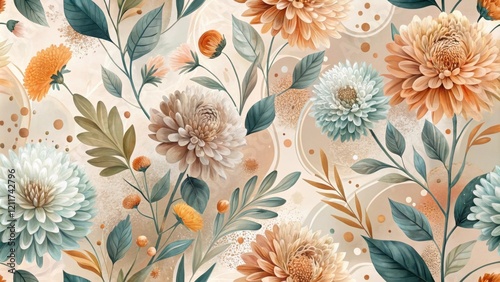 Elegant Autumnal Floral Design with Abstract Background Featuring Delicate Blooms and Lush Greenery