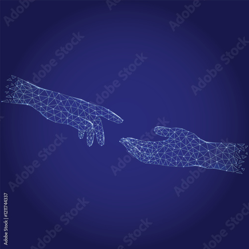 Vector art design depicts the world of artificial intelligence with interconnected network elements, digital patterns, hands connected to each other, helping or giving, caring between people